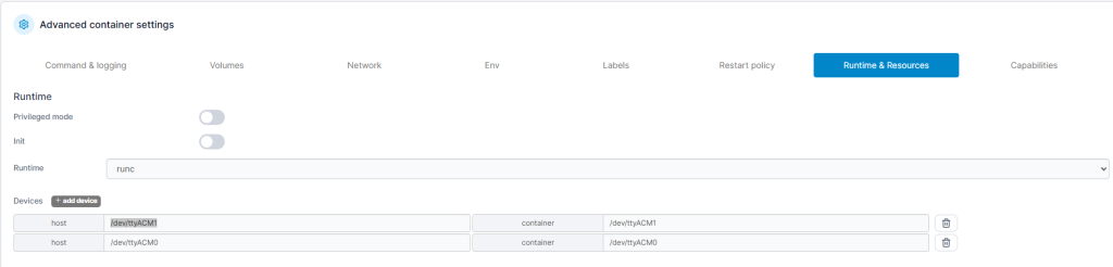 Advanced container settings Runtime & Resources in Portainer